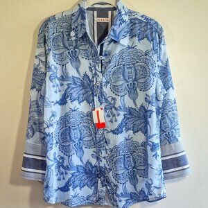 NWT Tizzie 'Dizzy Lizzie' Rome Blouse 3/4 Sleeve Blue Floral Toile Print Medium